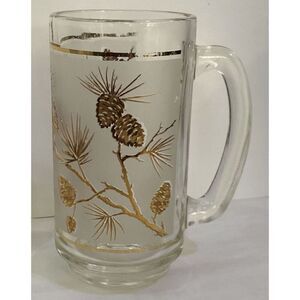 Pint Glass Beer Mug Gold Pine Cones Frosted Glass 1960’s Dominion Libbey